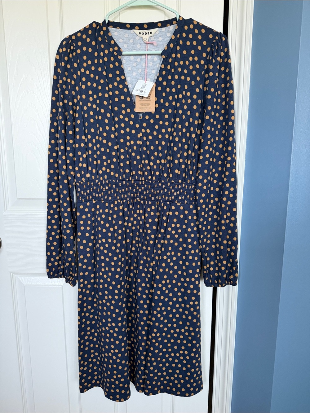 Boden Navy Dress with Tan Polka Dots, V-Neck Long Sleeve